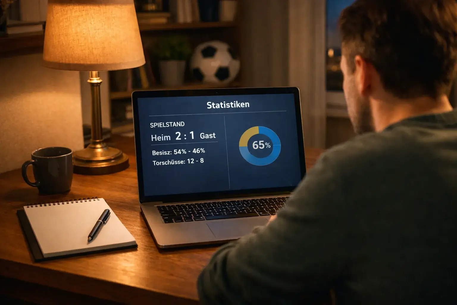 Person analysiert Fußballdaten am Laptop in abendlicher Atmosphäre