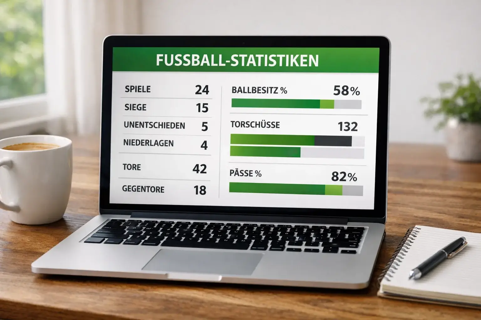 Laptop mit Fußballstatistiken und Datenanalyse auf dem Bildschirm