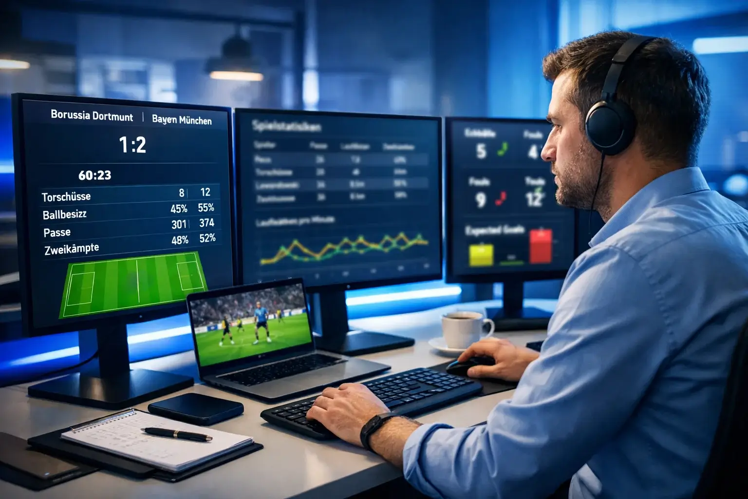 Datenanalyst arbeitet an mehreren Bildschirmen mit Fußballstatistiken