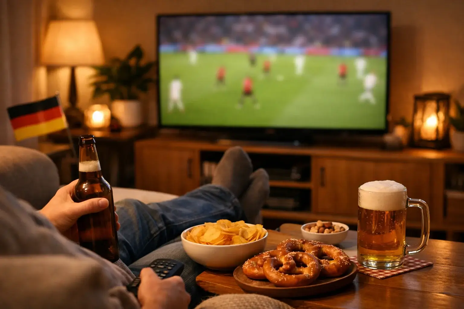 Person genießt entspannt Fußball schauen im Wohnzimmer