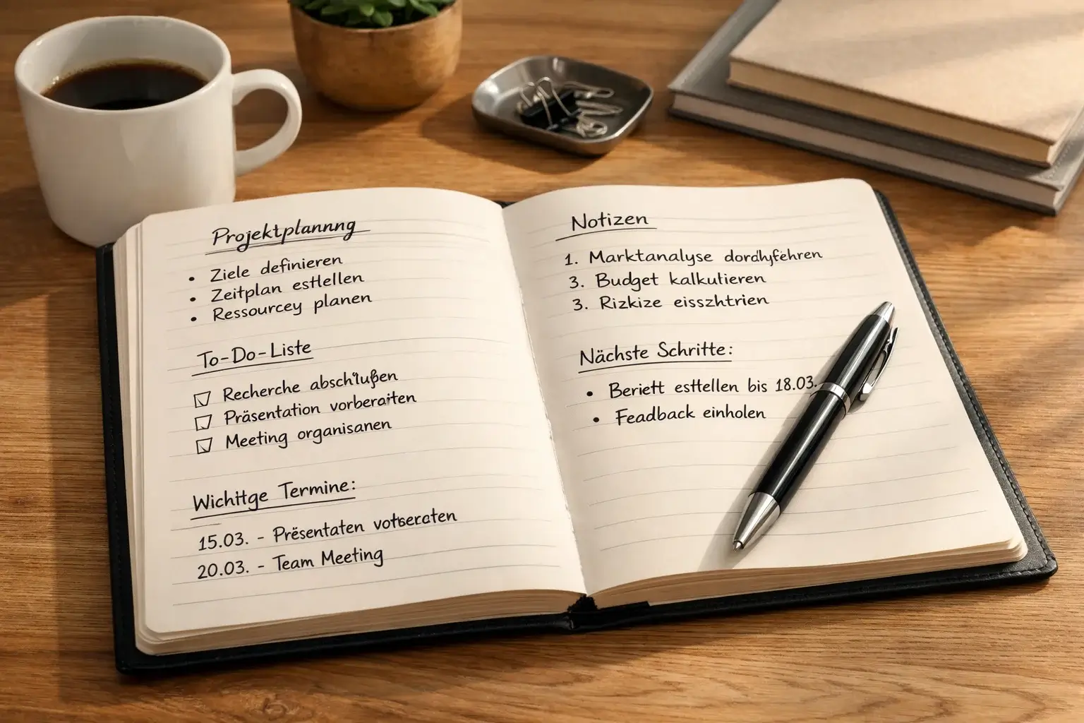 Organisierter Schreibtisch mit Notizbuch und strukturierten Aufzeichnungen