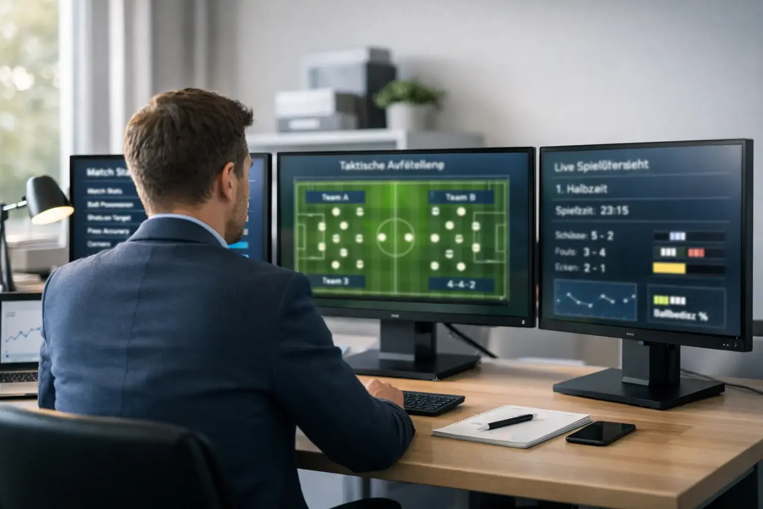 Analyst betrachtet Fußballstatistiken auf mehreren Bildschirmen