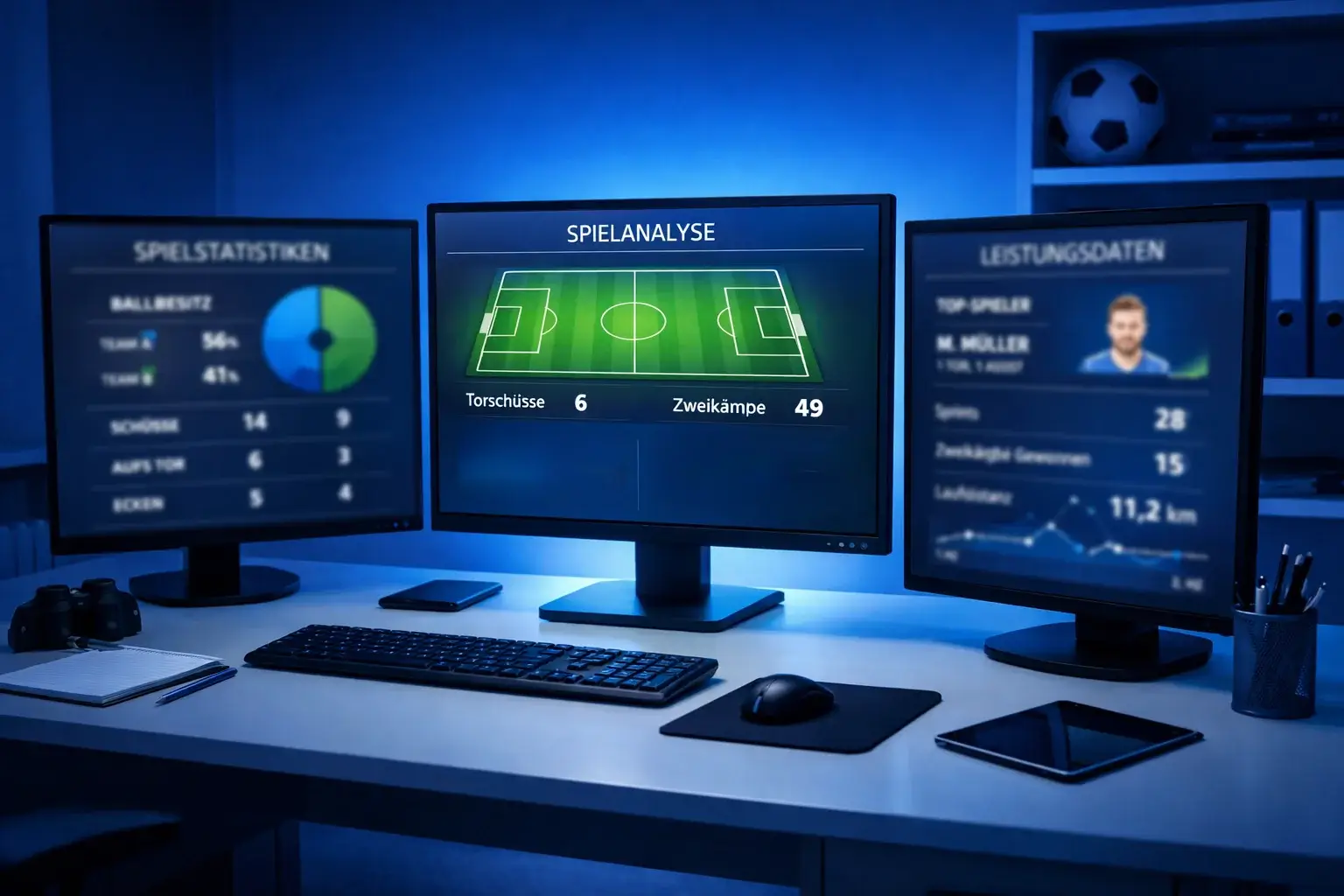 Modernes Büro mit Bildschirmen die Sportdaten und Statistiken zeigen