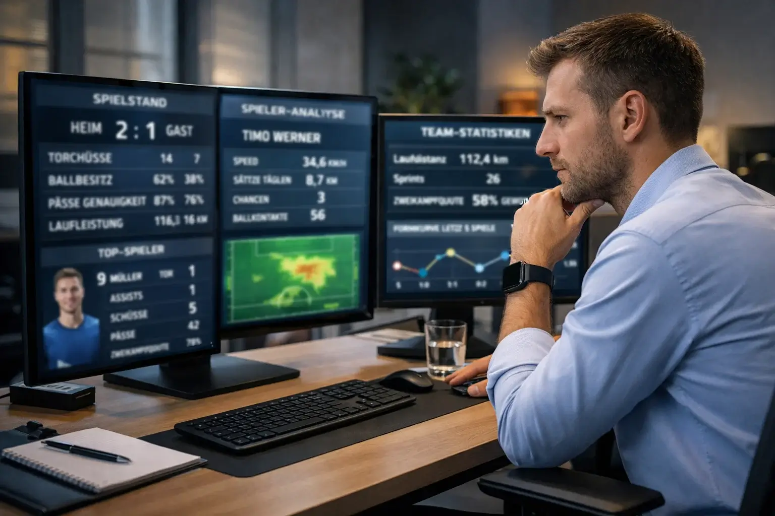 Analyst studiert Fußballstatistiken auf mehreren Monitoren