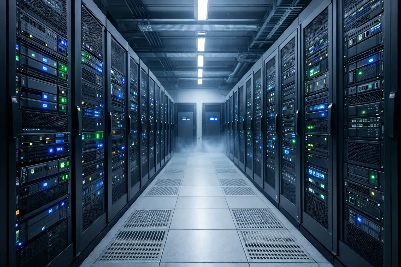 Moderne Serverräume mit blinkenden Lichtern für Datenverarbeitung