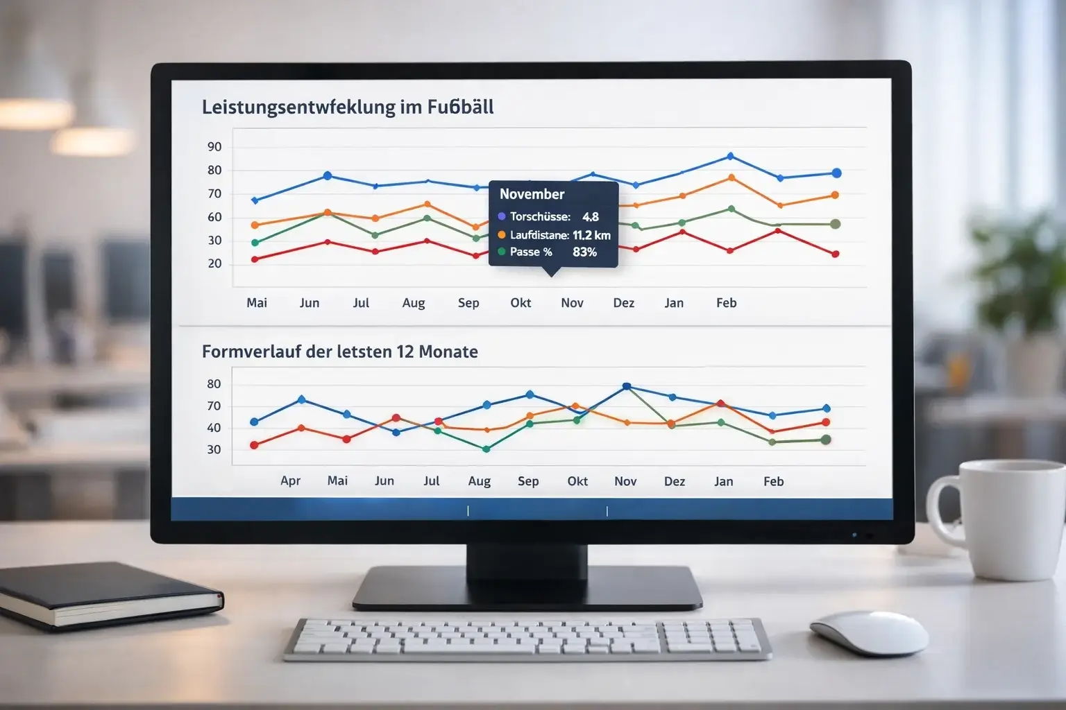 Bildschirm mit Liniendiagrammen zeigt xG-Trends über mehrere Spiele