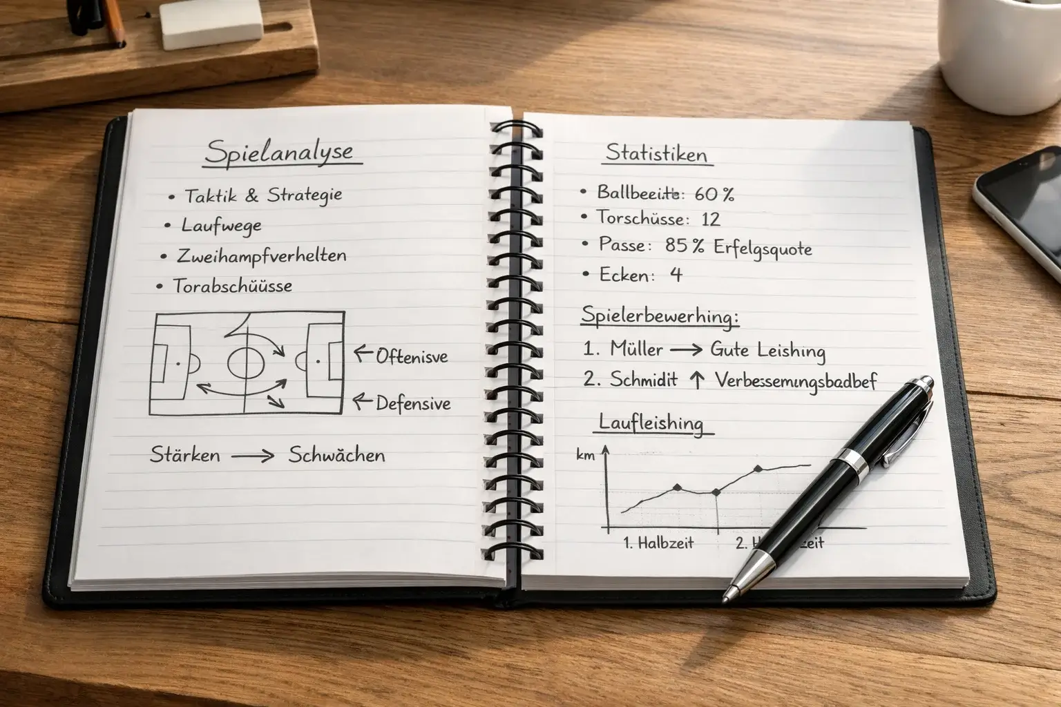 Aufgeschlagenes Notizbuch mit handschriftlichen Aufzeichnungen und einfachen Diagrammen zur Sportanalyse