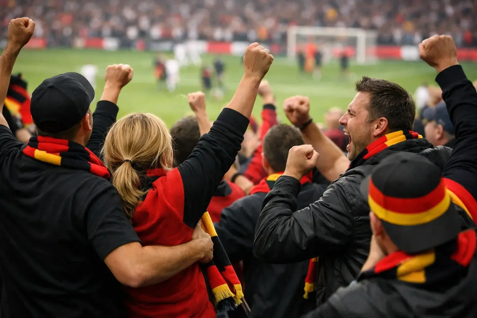 Begeisterte Fußballfans auf der Tribüne jubeln mit erhobenen Armen
