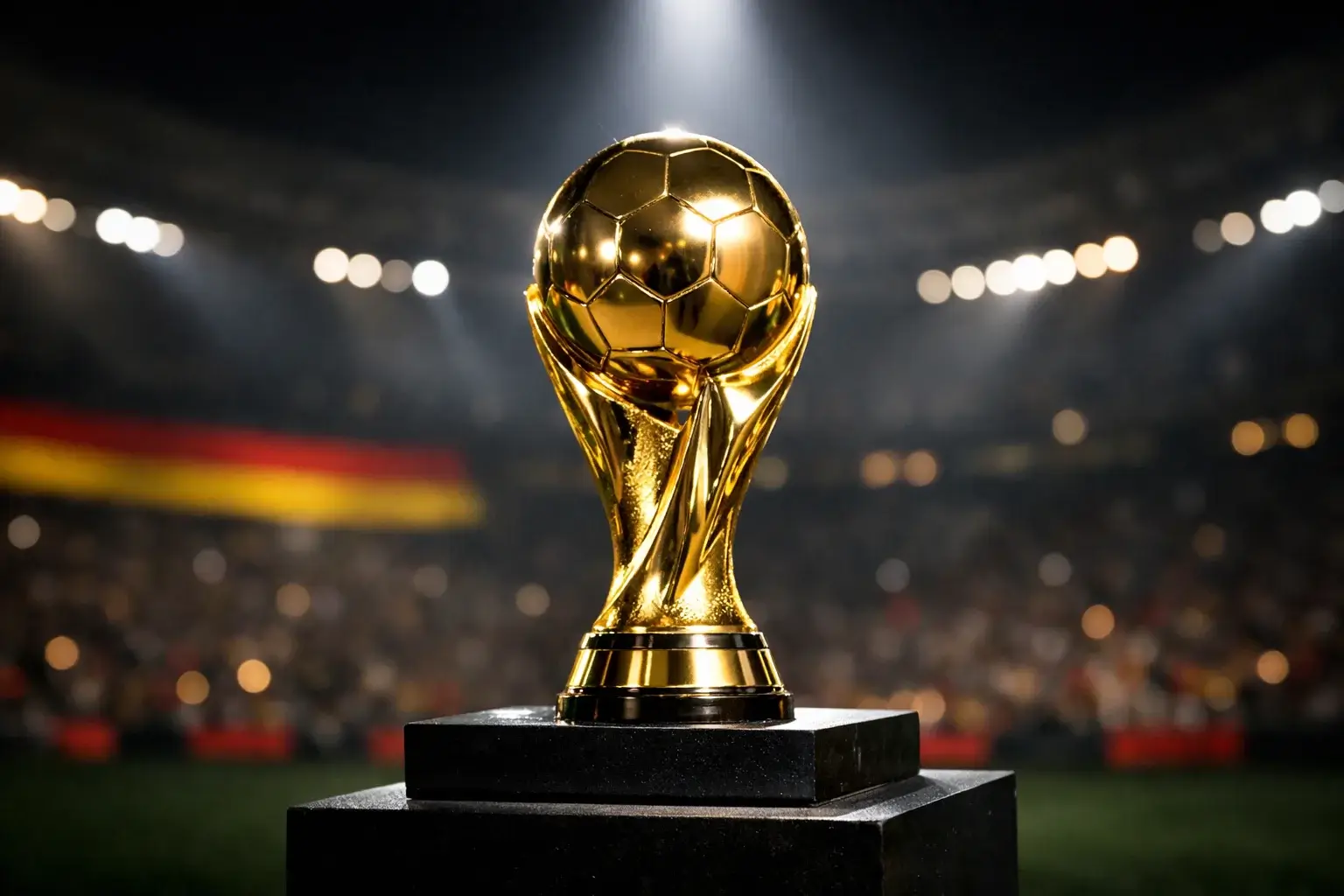 Goldener Fußballpokal im Rampenlicht eines Stadions