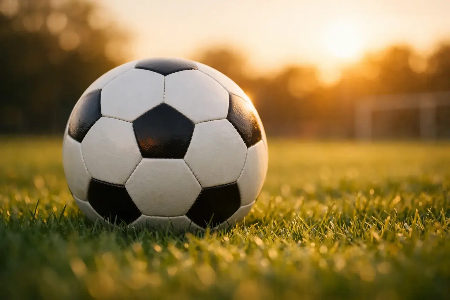 Nahaufnahme eines Fußballs auf grünem Rasen im Sonnenlicht