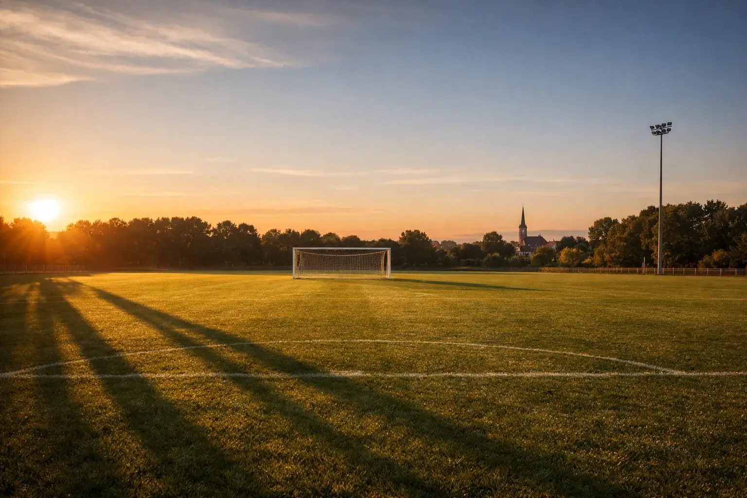 Fußballfeld in der Abenddämmerung mit langen Schatten