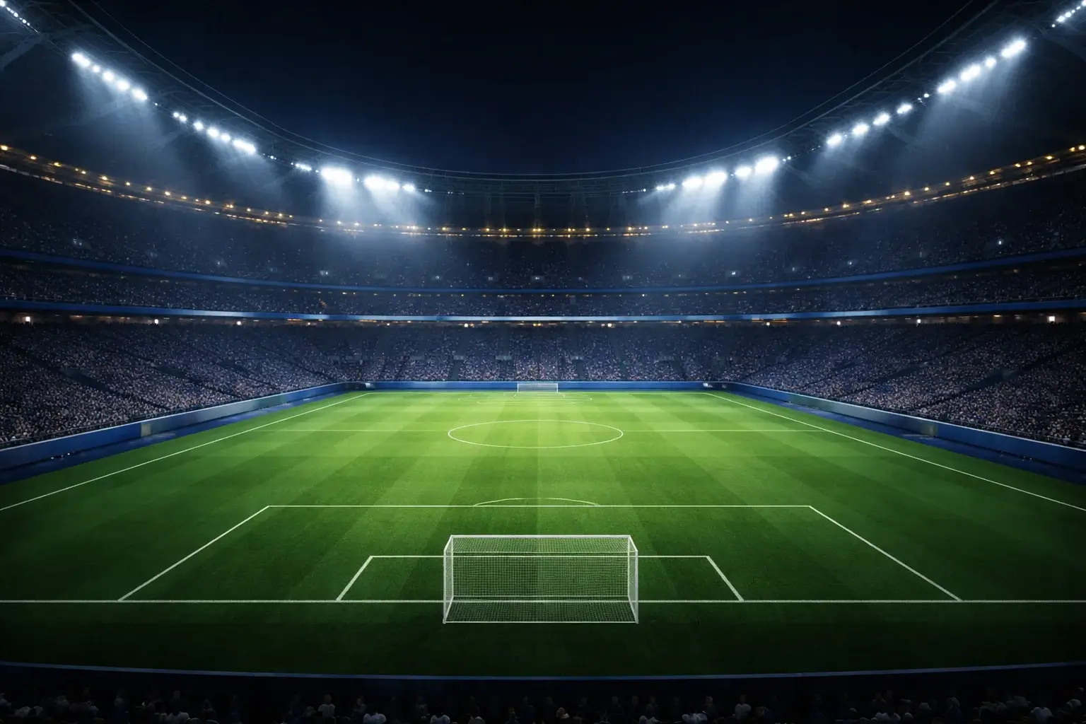 Modernes Fußballstadion bei Nacht mit Flutlichtbeleuchtung