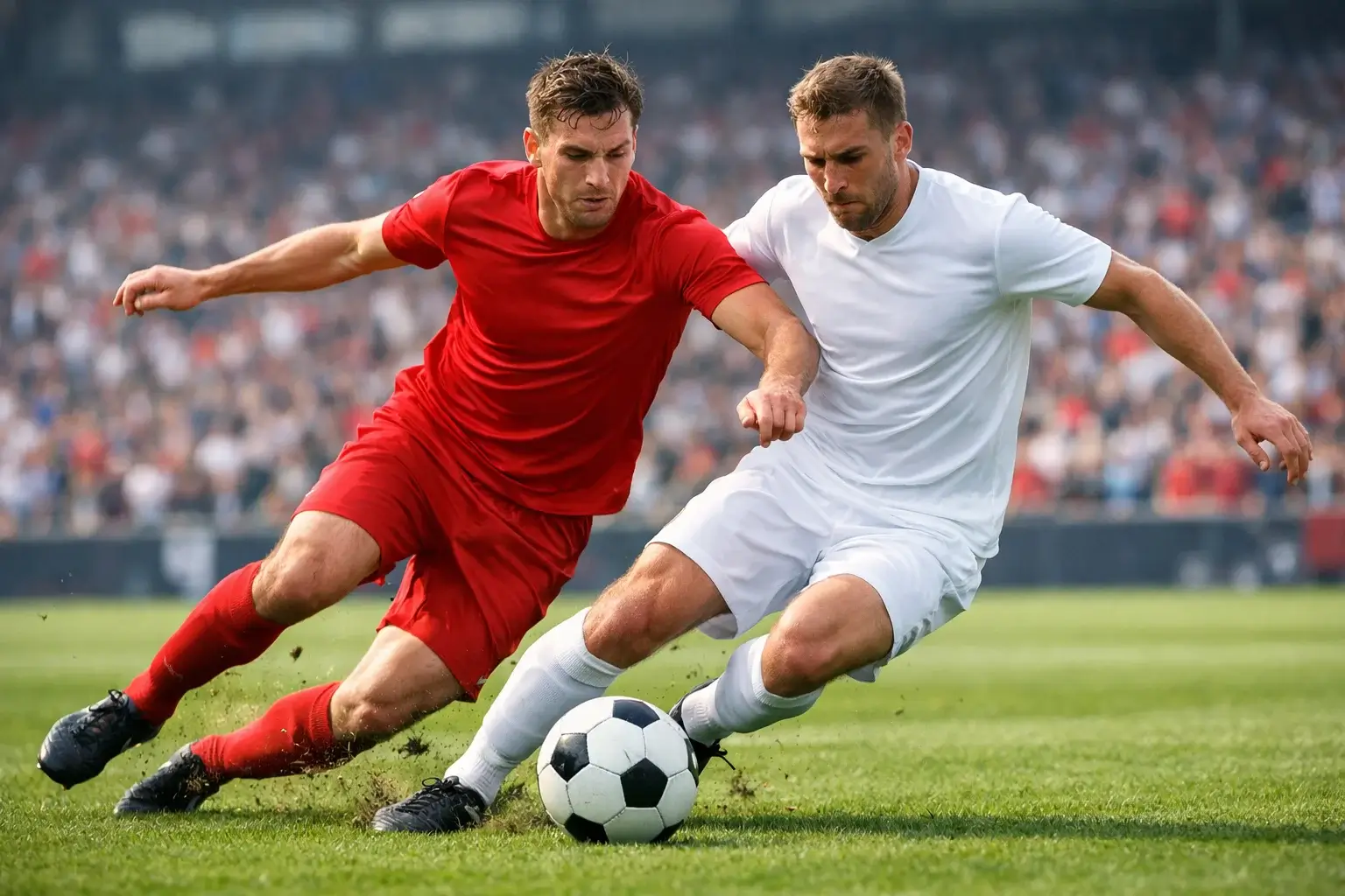 Zwei Fußballspieler im Zweikampf um den Ball auf grünem Rasen