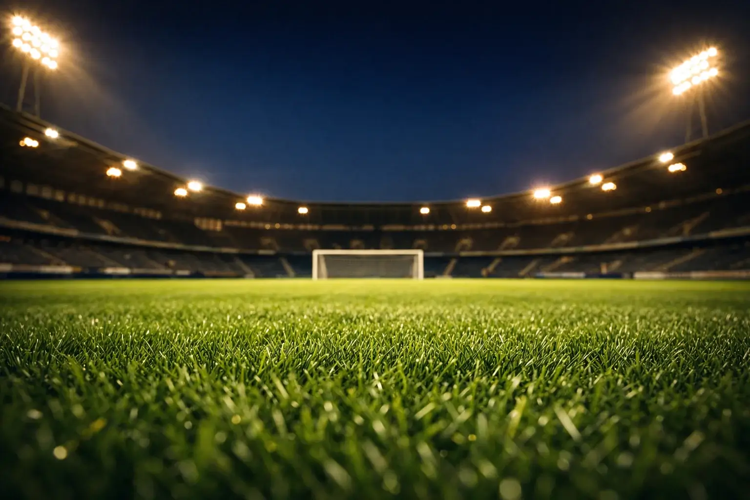 Fußballstadion bei Nacht mit dramatischer Beleuchtung und Rasen im Fokus