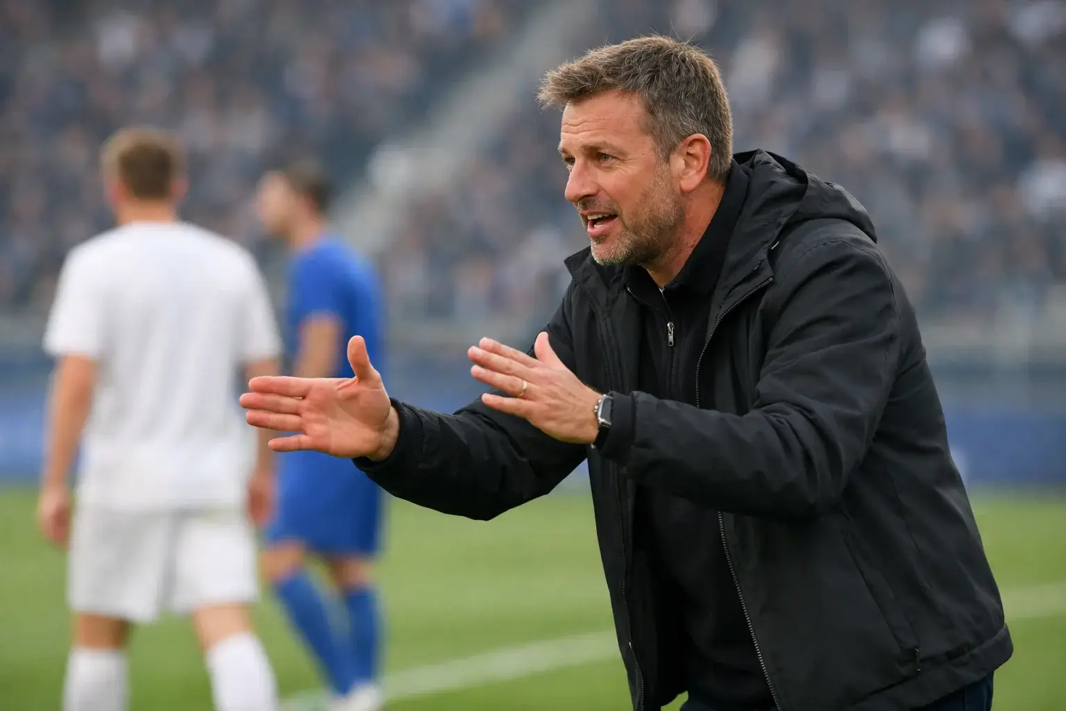 Fußballtrainer gibt taktische Anweisungen an der Seitenlinie