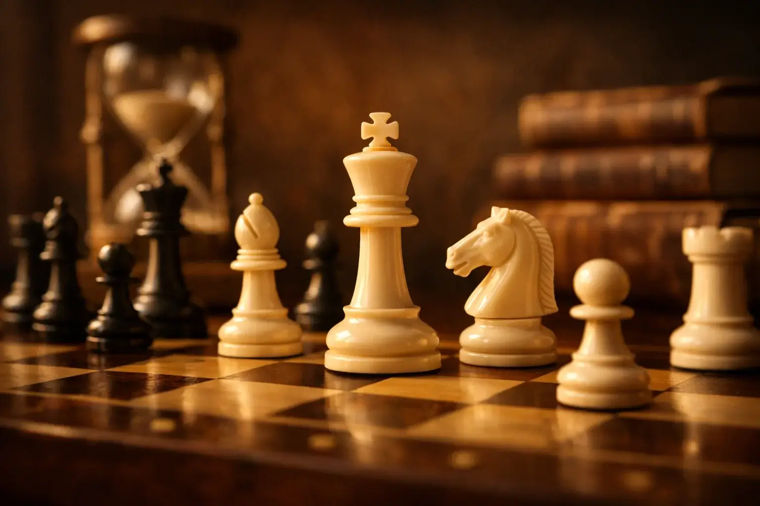 Schachfiguren auf einem Brett symbolisieren strategisches langfristiges Denken