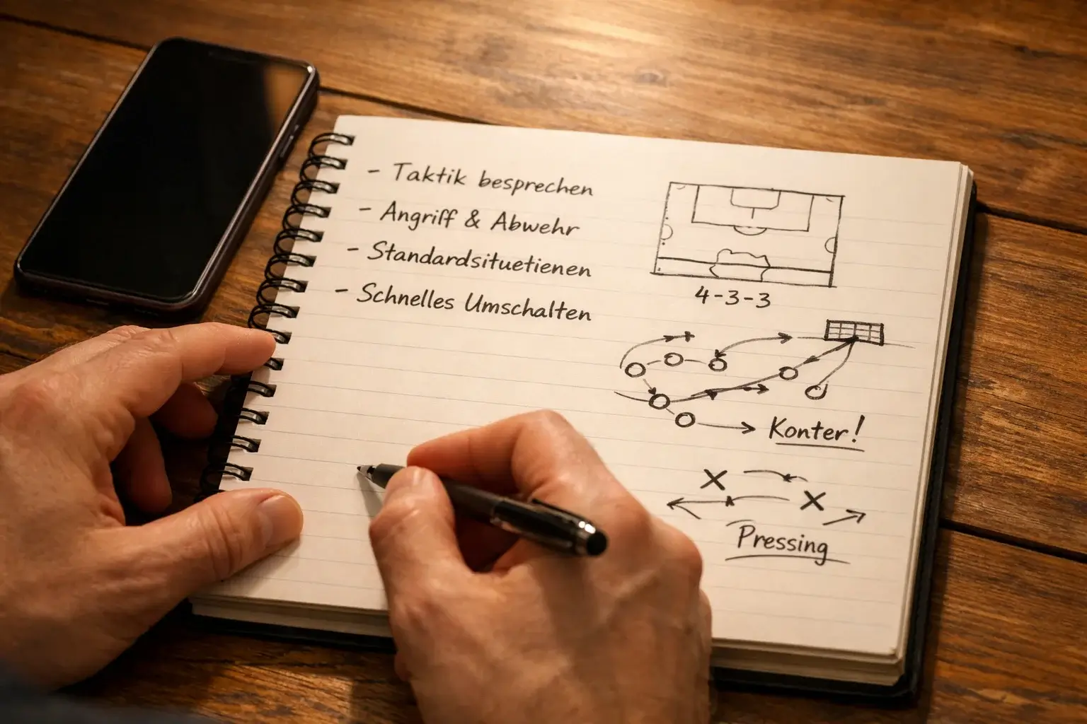 Person macht handschriftliche Notizen zu einer Sportstrategie