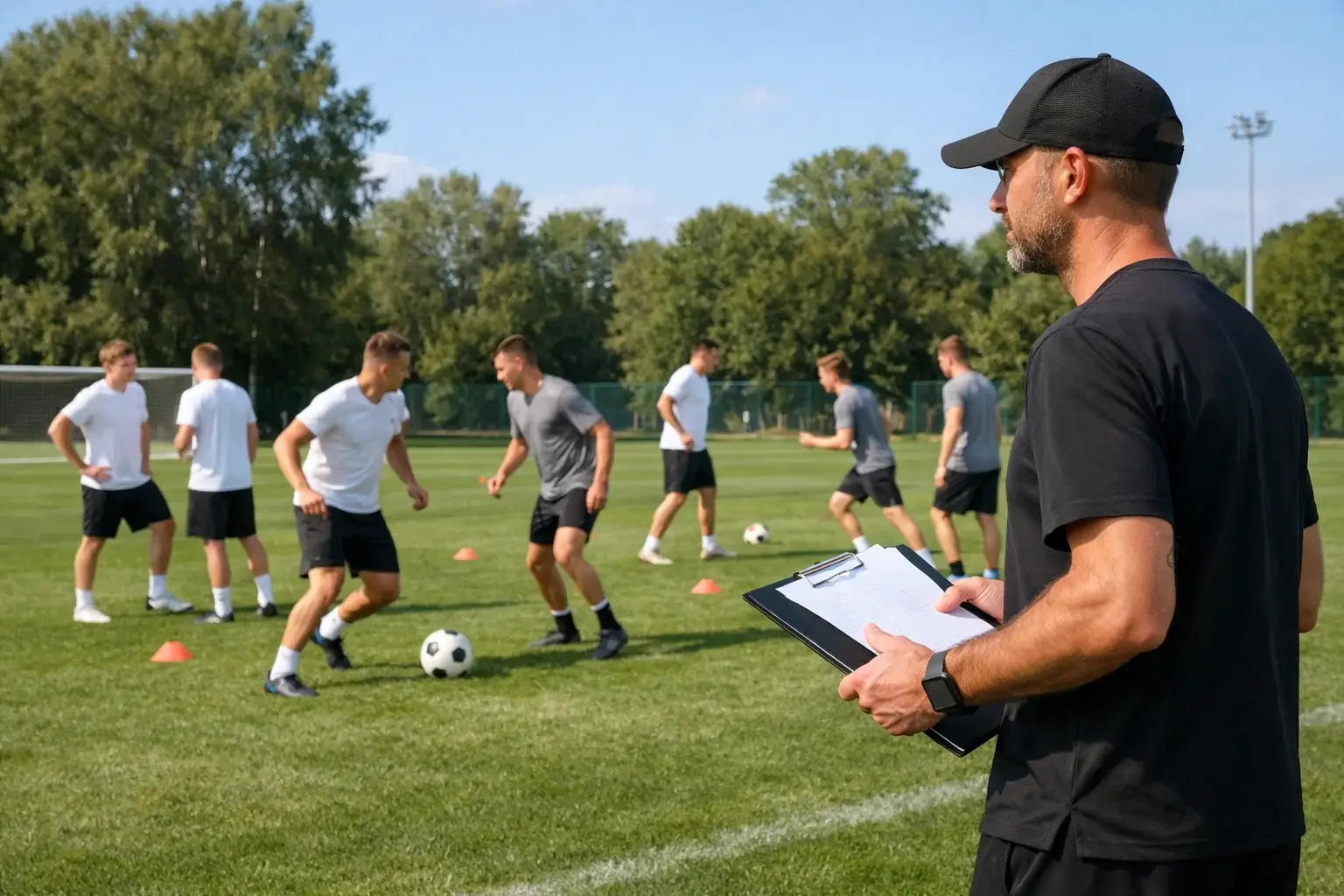 Fußballmannschaft beim Training auf dem Übungsplatz während einer Spielpause
