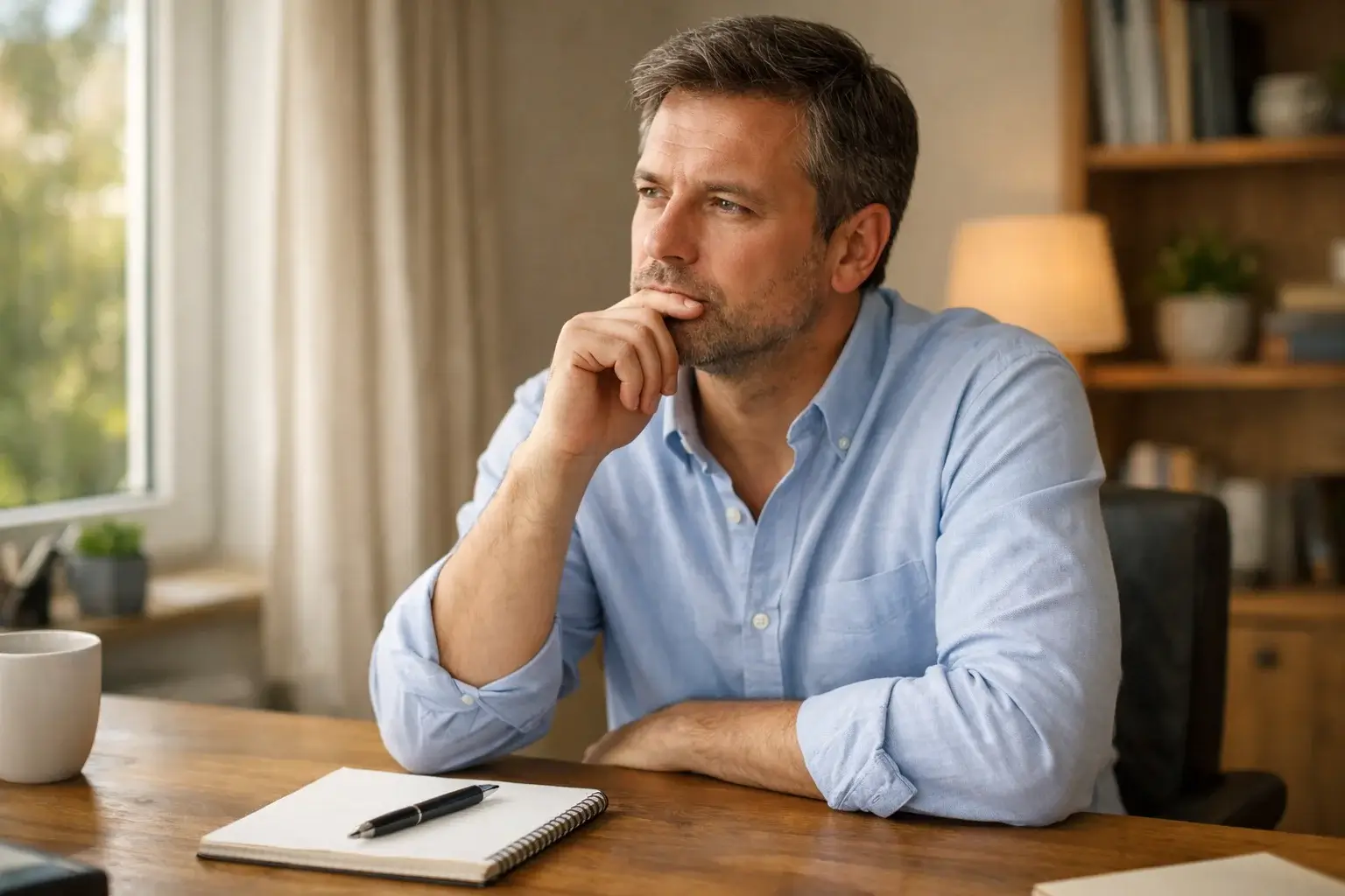 Person in nachdenklicher Haltung trifft eine überlegte Entscheidung