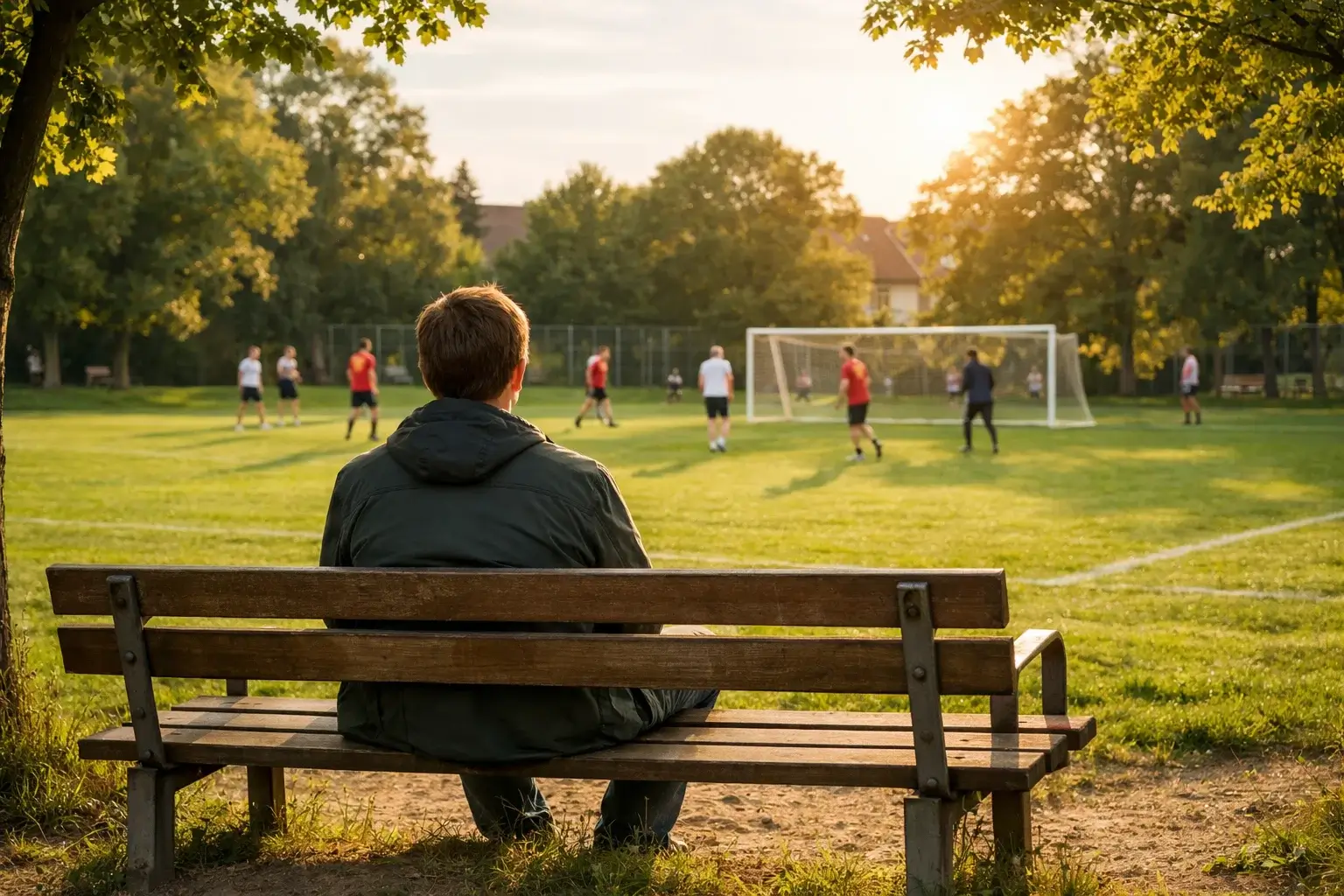 Person sitzt entspannt auf einer Parkbank mit Blick auf einen Sportplatz in der Ferne