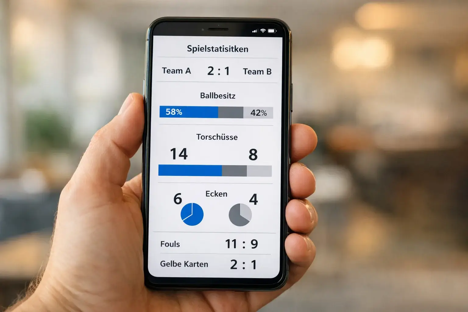 Smartphone zeigt eine Fußball-Statistik-App mit einfachen Diagrammen