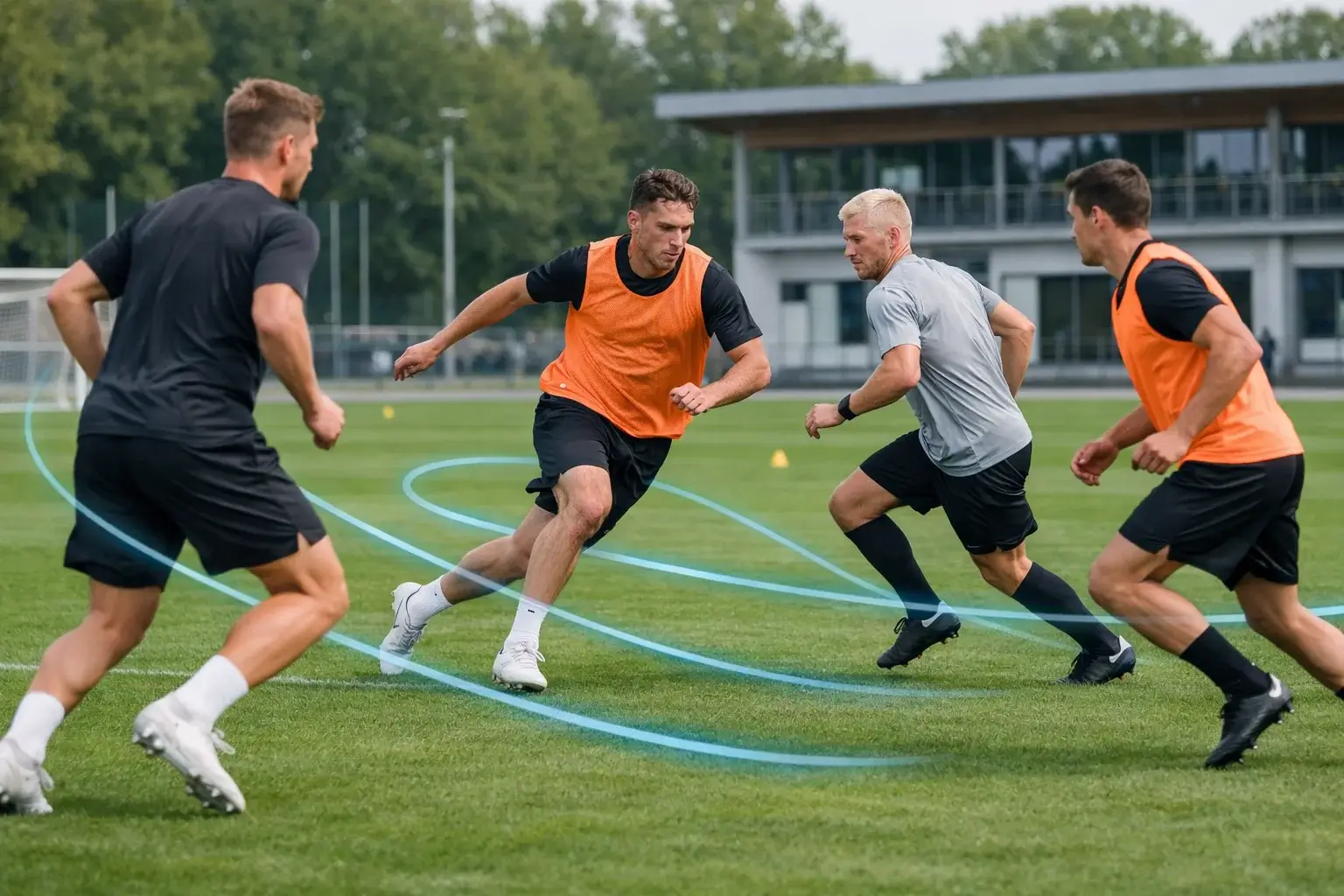 Fußballspieler auf dem Rasen mit visualisierten Tracking-Daten und Laufwegen
