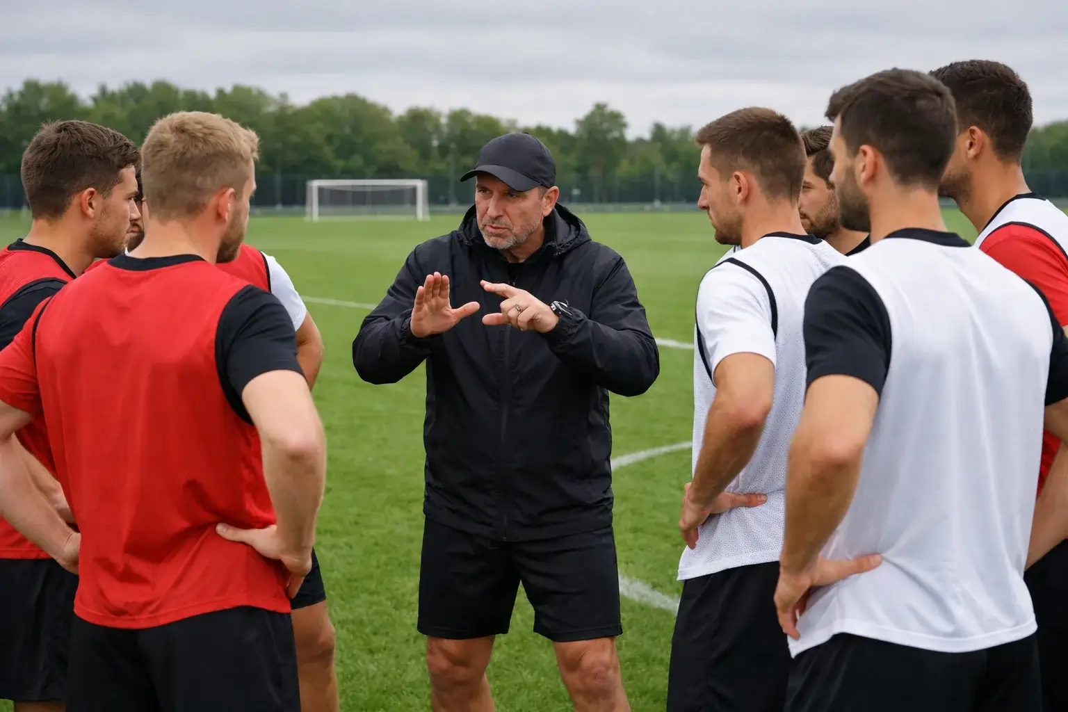 Fußballspieler bei der taktischen Besprechung vor dem Spiel
