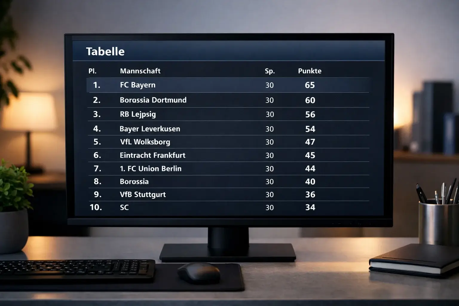Übersichtliche Darstellung einer Bundesliga-Tabelle auf einem Bildschirm