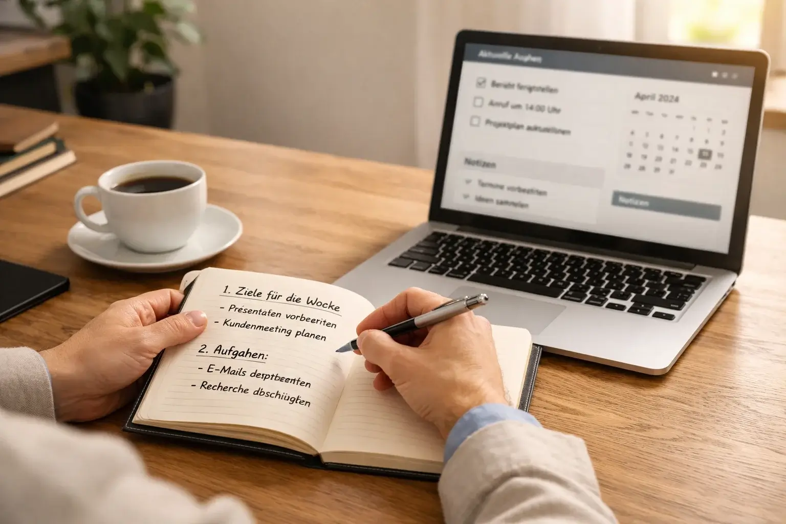Person mit Notizbuch plant Wettstrategie am Schreibtisch mit Laptop
