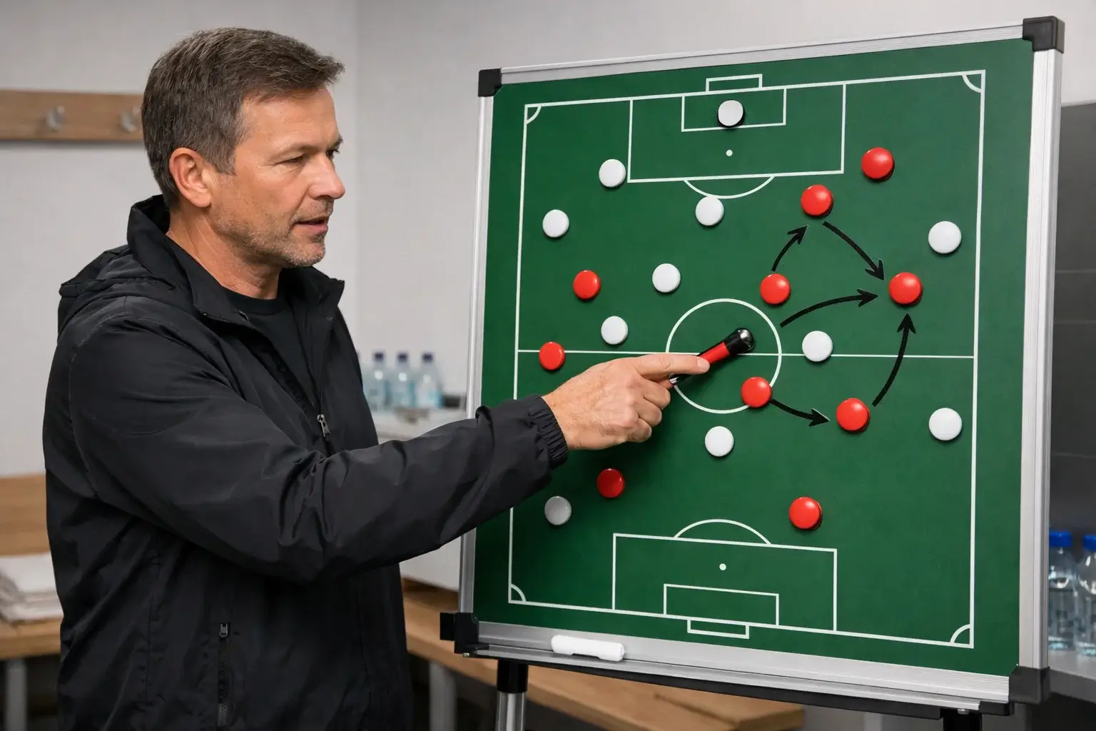 Trainer erklärt Spielzüge an einer Taktiktafel mit Magneten