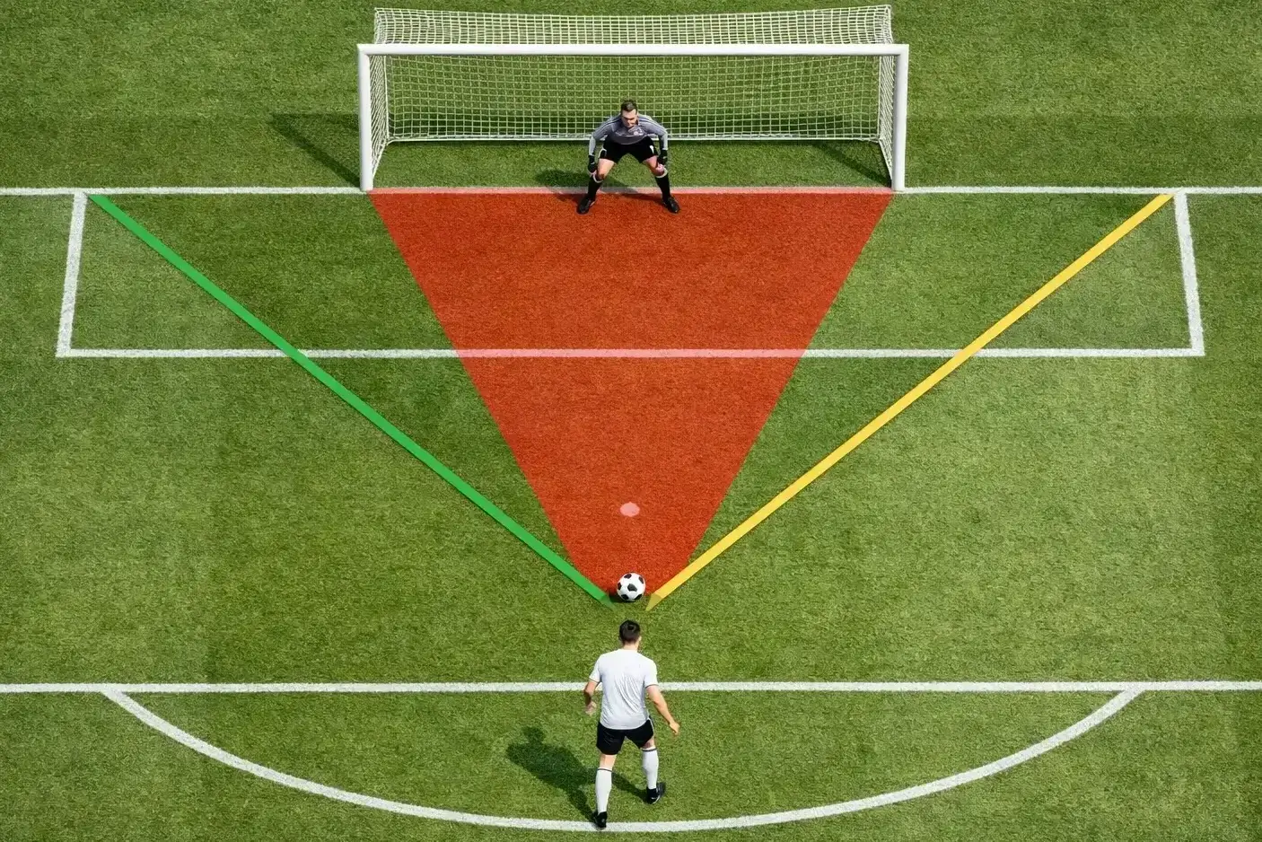 Torschuss-Szene auf dem Fußballplatz aus der Vogelperspektive mit Linien zur Winkelberechnung