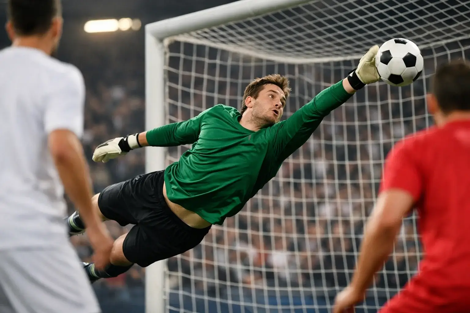 Torwart hechtet nach dem Ball bei einem Schuss auf das Tor