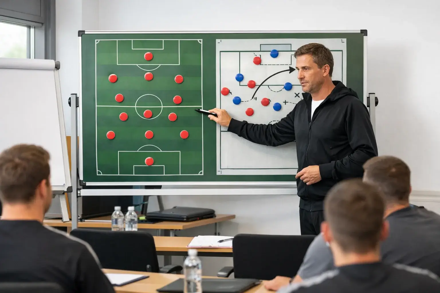 Fußballtrainer erklärt Taktik anhand einer Tafel im Besprechungsraum
