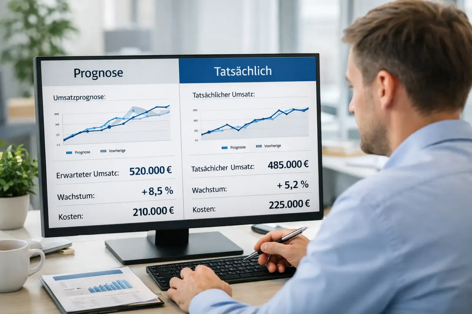 Fachperson vergleicht prognostizierte und tatsächliche Ergebnisse auf einem Bildschirm