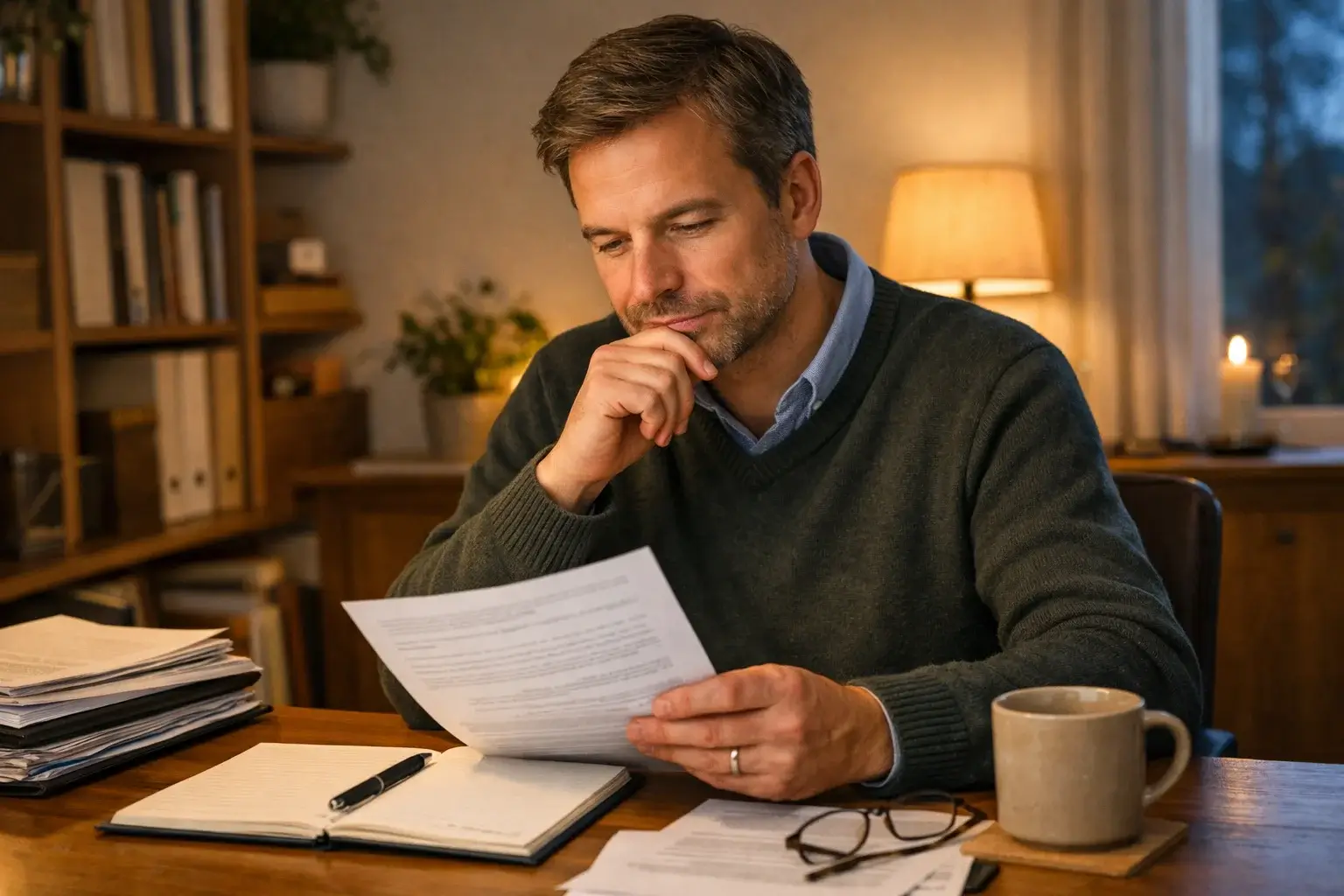 Person sitzt nachdenklich am Schreibtisch und plant Budget sorgfältig