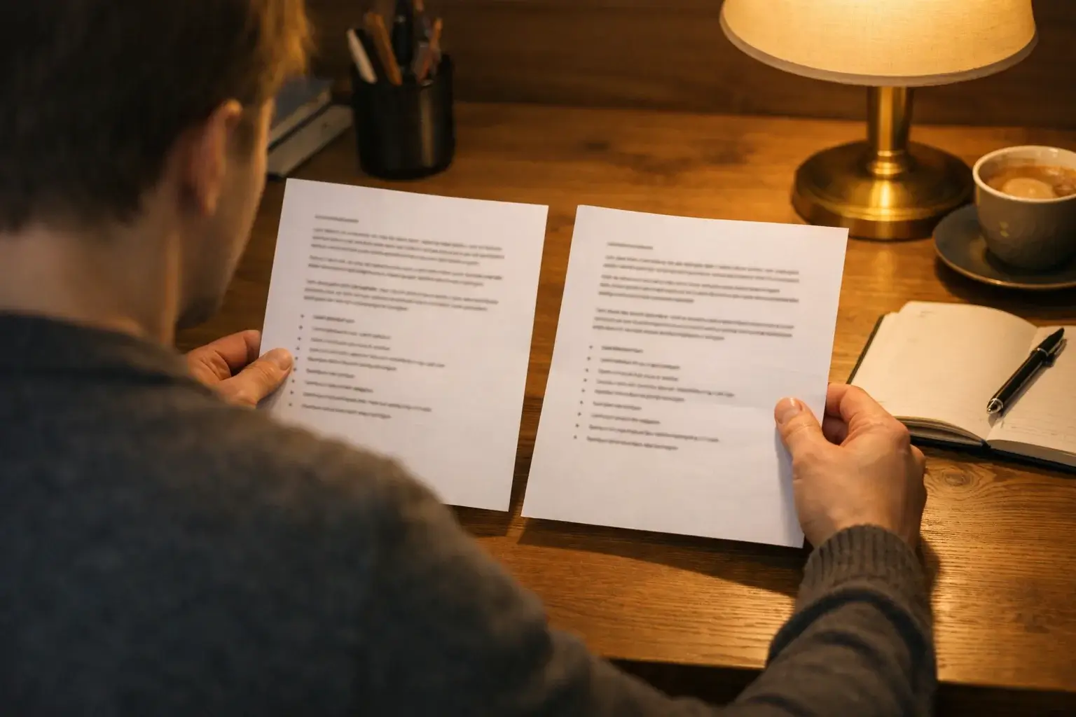 Person betrachtet zwei verschiedene Optionen auf Papierblättern am Schreibtisch