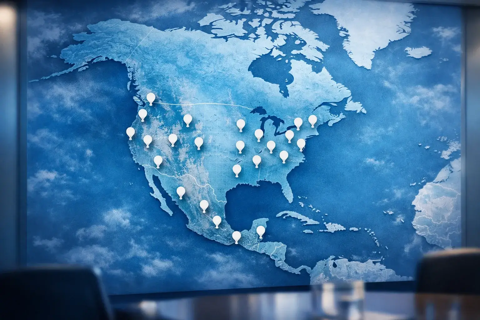 Weltkarte mit markierten WM-Austragungsorten in Nordamerika