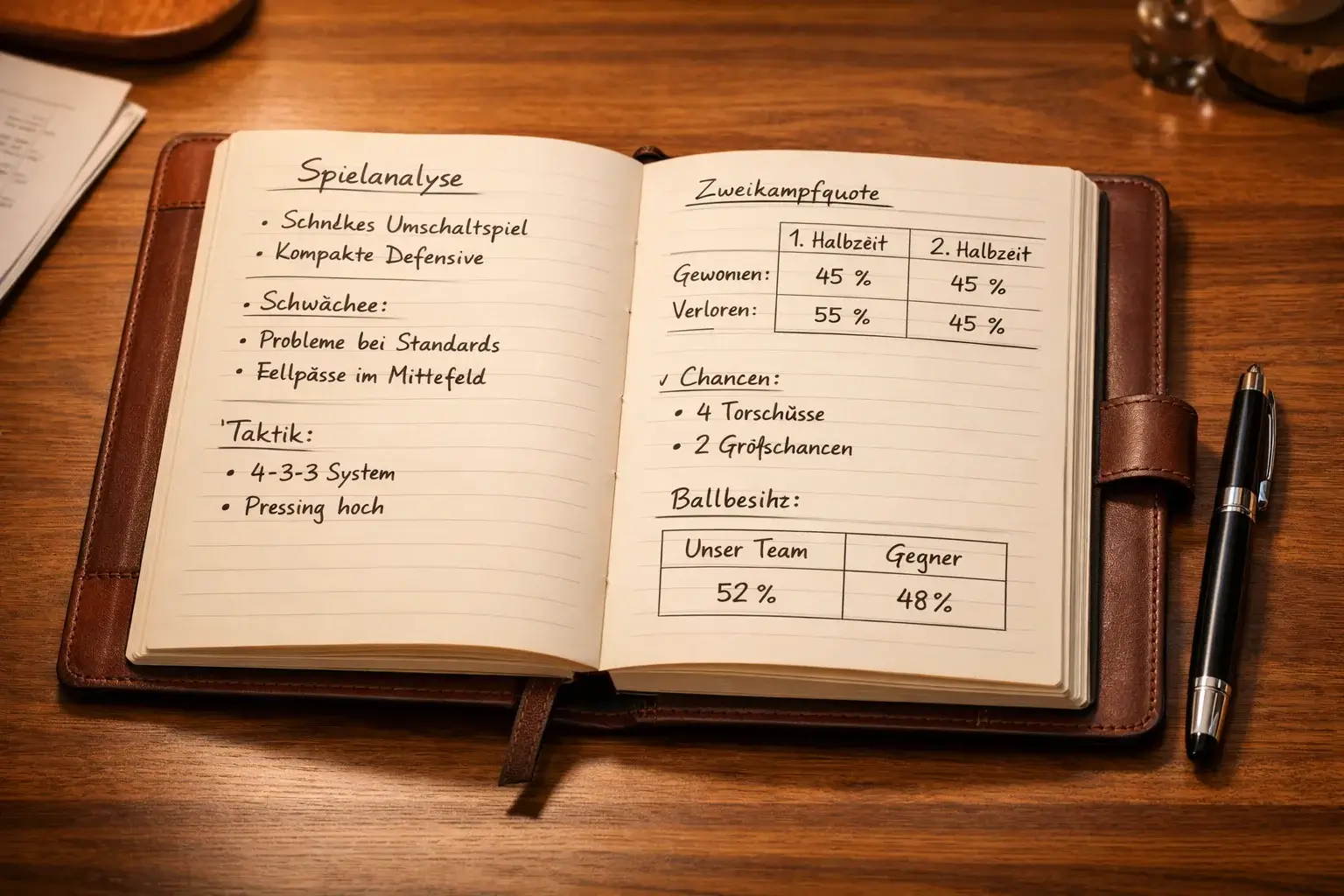 Aufgeschlagenes Notizbuch mit handschriftlichen Aufzeichnungen und einem Stift daneben