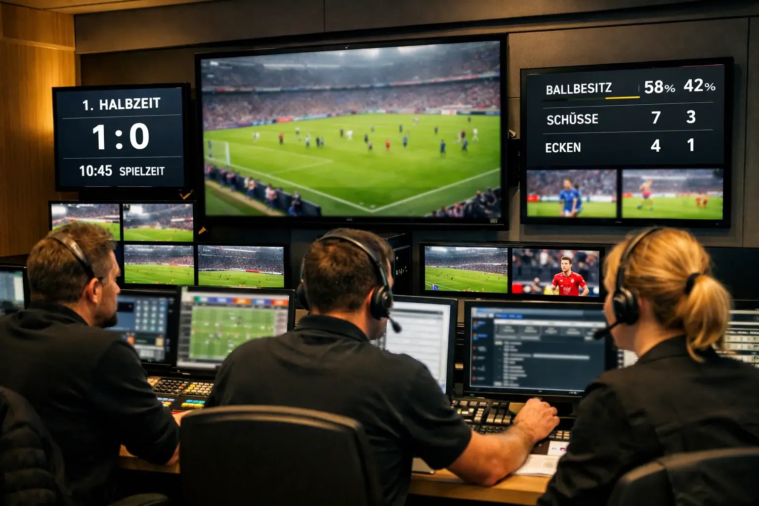 Moderner Stadion-Kontrollraum mit Bildschirmen für Live-Spielübertragung